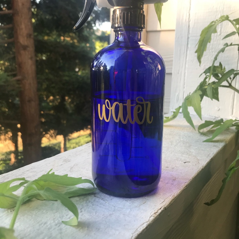 Blue Spritzing Bottle + Plant Mister 🪴 Labeled Glass Spray + Gold Vinyl Water